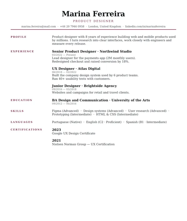 Academic resume template — PDF example