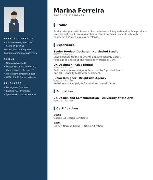 Dark sidebar resume template — PDF example