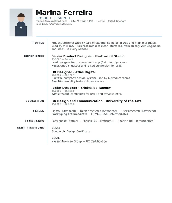 European resume template — PDF example