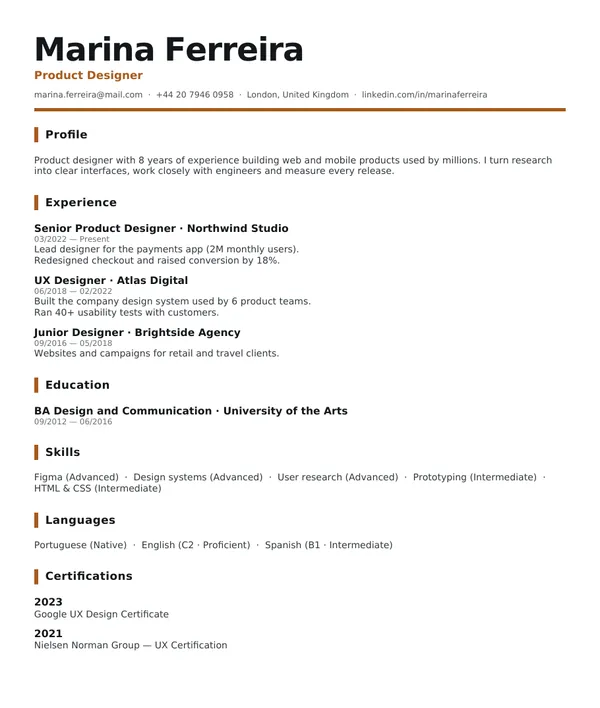 Impact resume template — PDF example