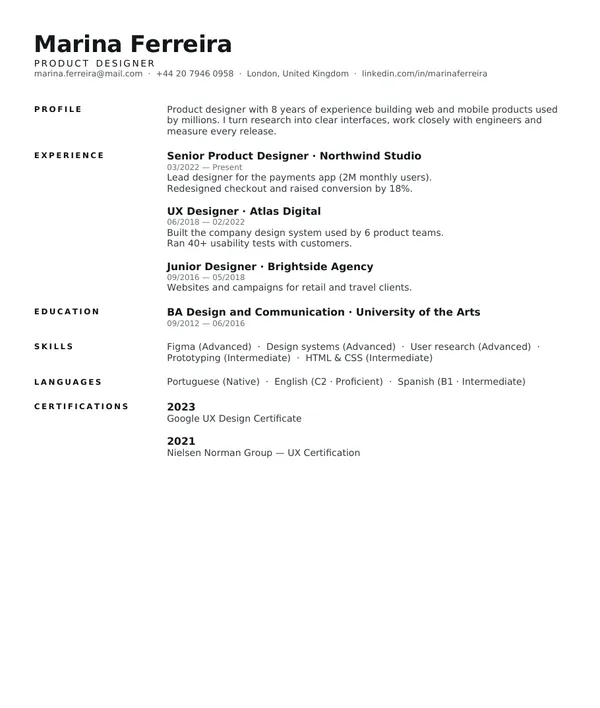 Minimal resume template — PDF example