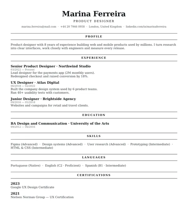 Traditional resume template — PDF example